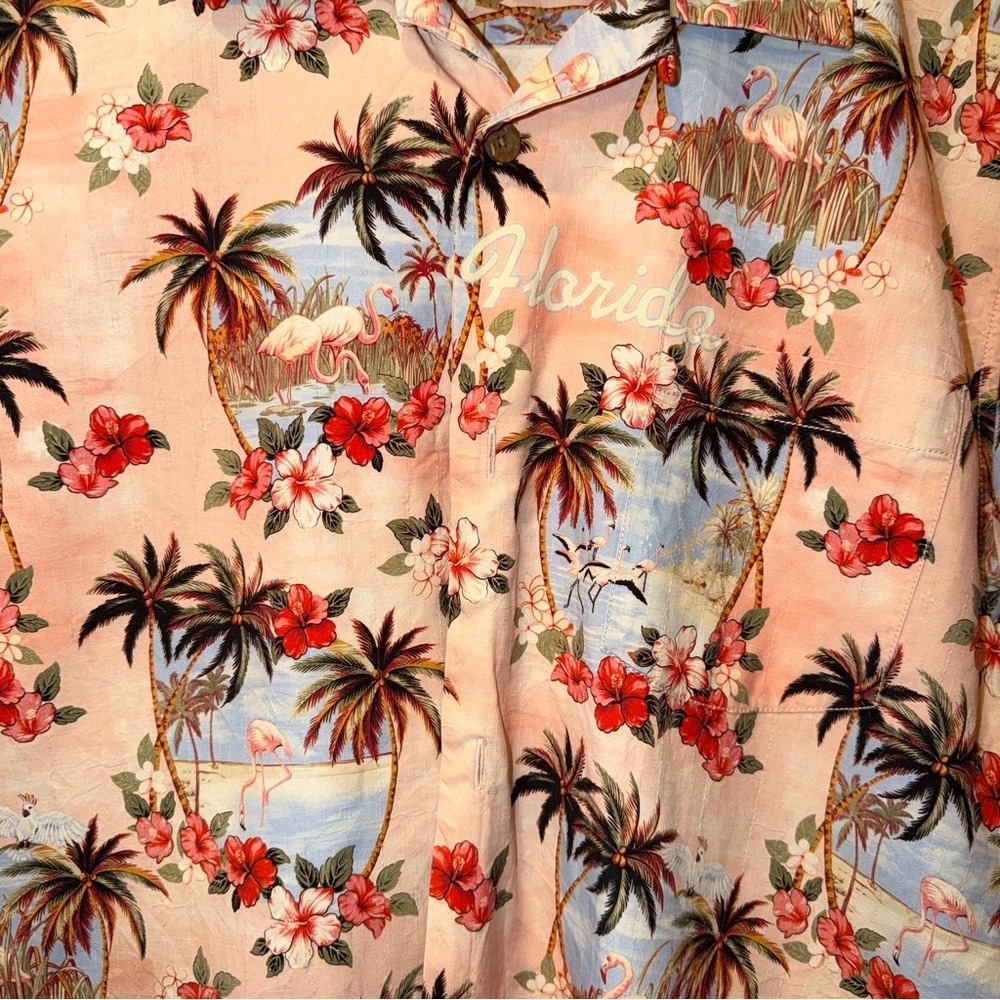 Tommy Bahama Florida Tropical Flamingo Short Sleeve Button-Up 100% Silk Size L - Picture 2 of 5